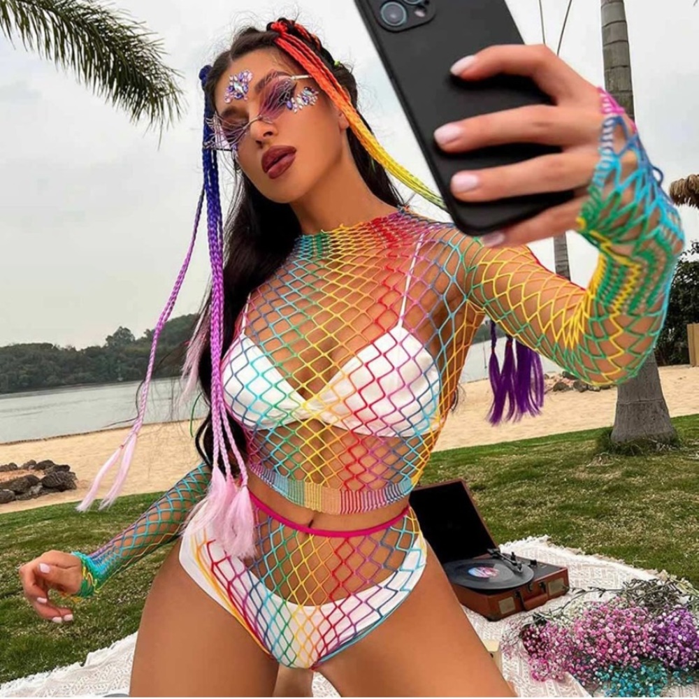 ❤️SOLD❤️ Rainbow Mesh Fishnet Rave Festival Top Booty Short Outfit Swim Cover - Picture 6 of 11